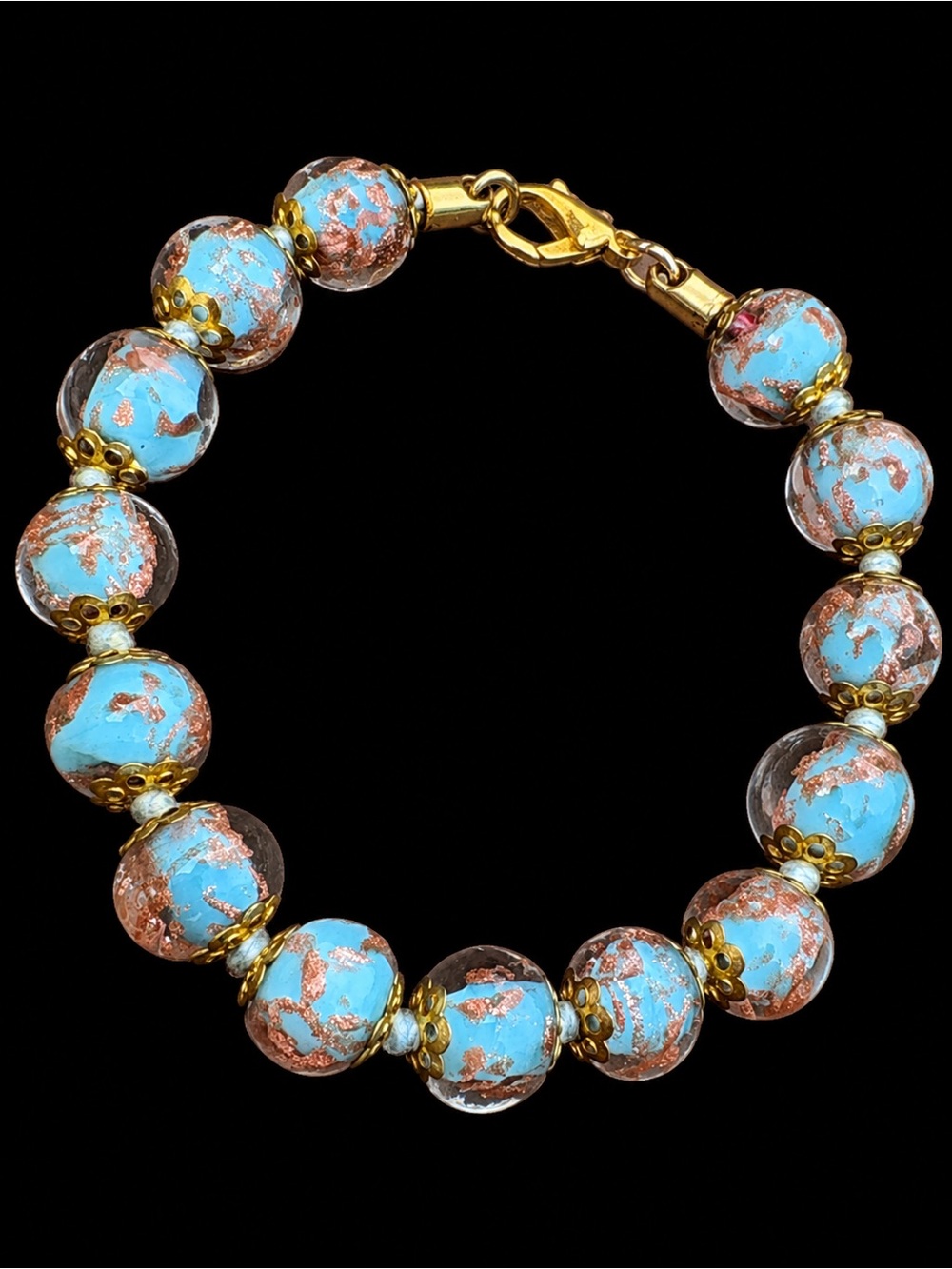 Glass of Venice Murano Glass Sommerso Aqua Aventurina Beaded Bracelet blue gold
